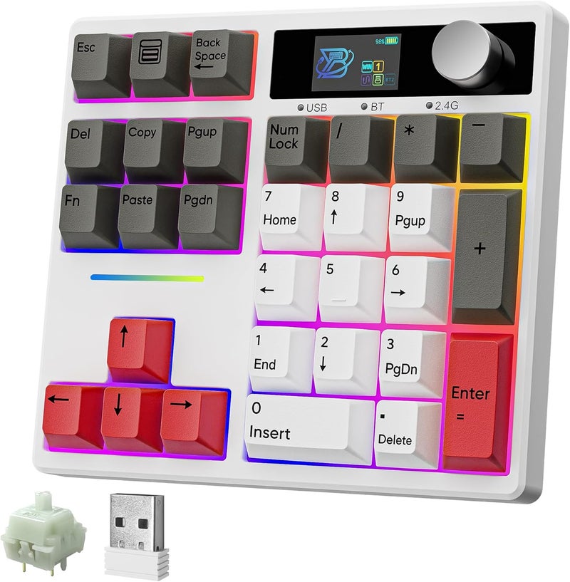 Boyi TD31Pro Mechanical Number Pad,Bluetooth5.0/2.4G/Type-C Wireless Numeric Keypad,RGB HotSwap Numpad with Screen&Knob,PBT Keycaps Rechargeable Gasket Number keypad for Working/Gaming(White-Grey) - Image 1